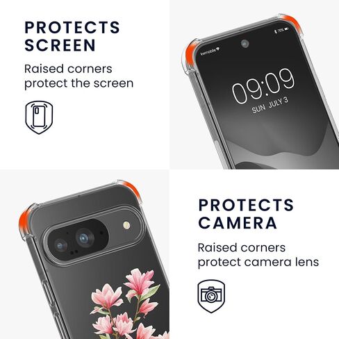 kwmobile Crossbody Case Compatible with Google Pixel 9 / Pixel 9 Pro Case Strap - Cherry Blossoms Pink/Dark Brown/Transparent in Saudi Arabia