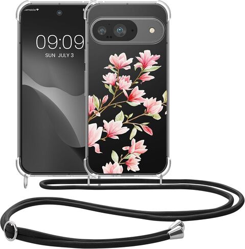 kwmobile Crossbody Case Compatible with Google Pixel 9 / Pixel 9 Pro Case Strap - Cherry Blossoms Pink/Dark Brown/Transparent in Saudi Arabia