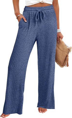anrabess womens مضلعة متماسكة صالة الساق المستقيمة سراويل بيجاما سروال غير رسمية سقوط سقوط سقوط فضفاضة in Kuwait