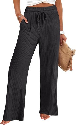 anrabess womens مضلعة متماسكة صالة الساق المستقيمة سراويل بيجاما سروال غير رسمية سقوط سقوط سقوط فضفاضة in Kuwait