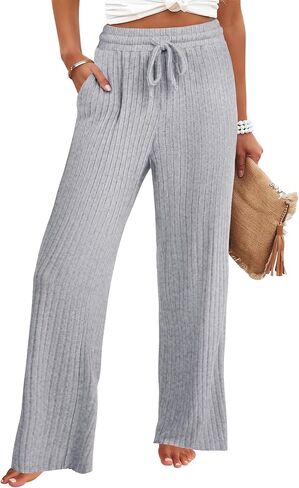 anrabess womens مضلعة متماسكة صالة الساق المستقيمة سراويل بيجاما سروال غير رسمية سقوط سقوط سقوط فضفاضة in Kuwait