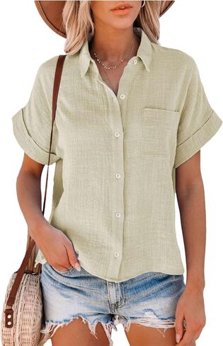 نساء من الكتان الصيفي من الكتان القطني القصيرة زر أسفل القميص collared v-neck فضفاضة لائحة بلوزة شاطئ الطباعة in Kuwait