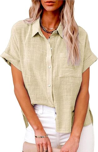 نساء من الكتان الصيفي من الكتان القطني القصيرة زر أسفل القميص collared v-neck فضفاضة لائحة بلوزة شاطئ الطباعة in Kuwait