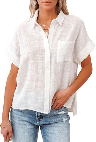 نساء من الكتان الصيفي من الكتان القطني القصيرة زر أسفل القميص collared v-neck فضفاضة لائحة بلوزة شاطئ الطباعة in Kuwait