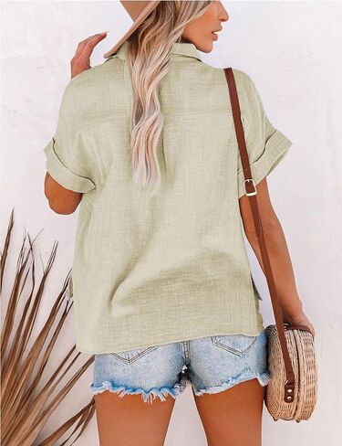 نساء من الكتان الصيفي من الكتان القطني القصيرة زر أسفل القميص collared v-neck فضفاضة لائحة بلوزة شاطئ الطباعة in Kuwait