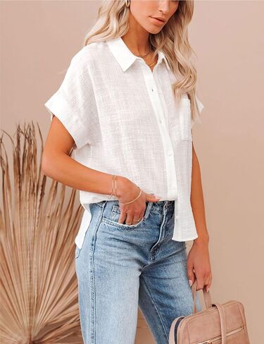 نساء من الكتان الصيفي من الكتان القطني القصيرة زر أسفل القميص collared v-neck فضفاضة لائحة بلوزة شاطئ الطباعة in Kuwait
