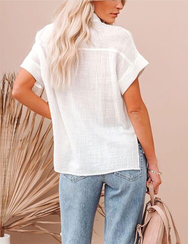 نساء من الكتان الصيفي من الكتان القطني القصيرة زر أسفل القميص collared v-neck فضفاضة لائحة بلوزة شاطئ الطباعة in Kuwait