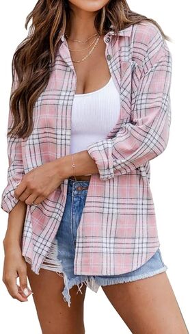 NUOREEL Women's Plaid Flannel Long Sleeve Button-Down Shirt in Kuwait