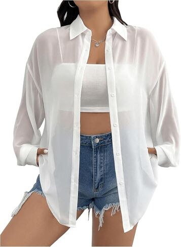 Milumia Women Plus Size Sheer Long Sleeve Button Down Shirt See Through Blouse Tops in Saudi Arabia