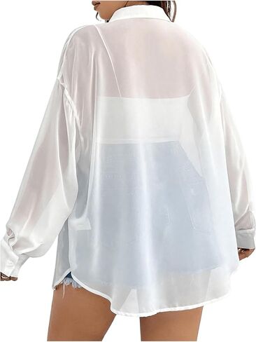 Milumia Women Plus Size Sheer Long Sleeve Button Down Shirt See Through Blouse Tops in Saudi Arabia