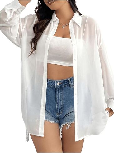 Milumia Women Plus Size Sheer Long Sleeve Button Down Shirt See Through Blouse Tops in Saudi Arabia