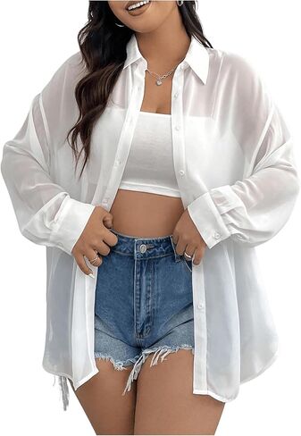 Milumia Women Plus Size Sheer Long Sleeve Button Down Shirt See Through Blouse Tops in Saudi Arabia