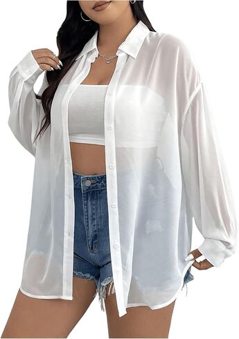 Milumia Women Plus Size Sheer Long Sleeve Button Down Shirt See Through Blouse Tops in Saudi Arabia