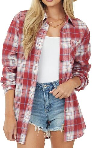 NUOREEL Women's Plaid Flannel Long Sleeve Button-Down Shirt in Kuwait
