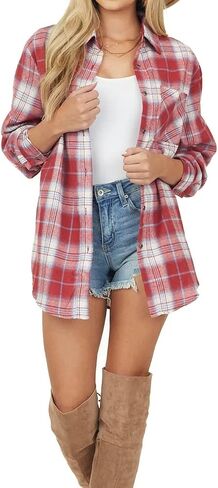 NUOREEL Women's Plaid Flannel Long Sleeve Button-Down Shirt in Kuwait