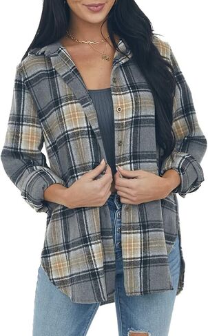 NUOREEL Women's Plaid Flannel Long Sleeve Button-Down Shirt in Kuwait