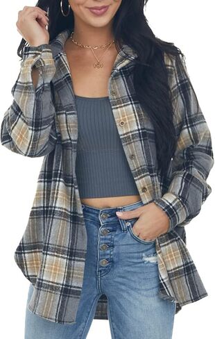 NUOREEL Women's Plaid Flannel Long Sleeve Button-Down Shirt in Kuwait