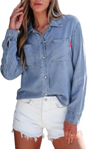 قمصان الدنيم النسائية الجانبية للنساء أسفل جين شاكيت سبينت زي 2025 Long Sleeve Chambray Blouse Top in Kuwait