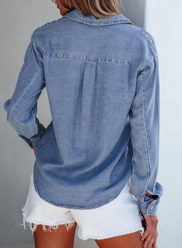 قمصان الدنيم النسائية الجانبية للنساء أسفل جين شاكيت سبينت زي 2025 Long Sleeve Chambray Blouse Top in Kuwait