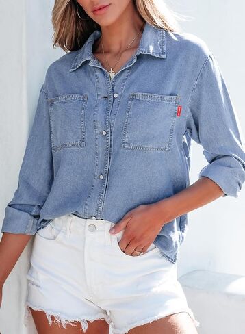 قمصان الدنيم النسائية الجانبية للنساء أسفل جين شاكيت سبينت زي 2025 Long Sleeve Chambray Blouse Top in Kuwait
