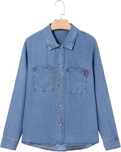 قمصان الدنيم النسائية الجانبية للنساء أسفل جين شاكيت سبينت زي 2025 Long Sleeve Chambray Blouse Top in Kuwait