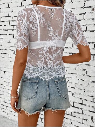 Sweatyrocks من الدانتيل الزهري للنساء شاهد من خلال بلوزة قصيرة الأكمام الطاقم القمصان القمصان القمامة in Kuwait