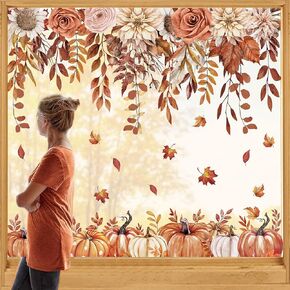Whaline 6 Sheets Fall Boho Floral Window Clings Retro Brown Hanging Flower Vine Pumpkin Leaves Reusable Window Decals for Autumn Harvest Thanksgiving Party Home Office Decor in Kuwait