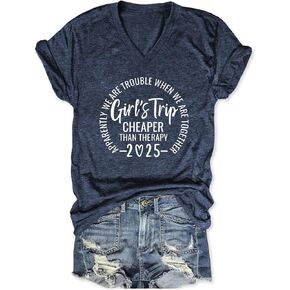 Girls Trip T Shirts for Women 2025 Funny Travel V Neck Tshirt Short Sleeve Tees Tops Soft Cotton T-Shirts in Saudi Arabia