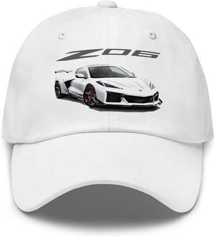 Arctic White C8 Corvette Z06 Dad Hat - قبعة قابلة للتعديل مع رسم سيارة عرض أمامي لعشاق Chevy in Saudi Arabia