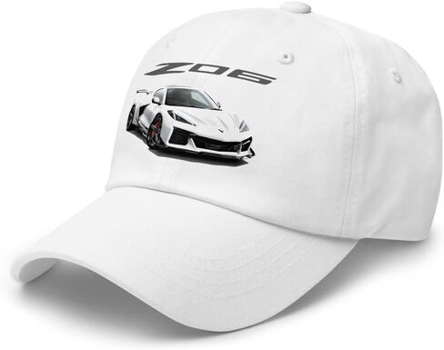 Arctic White C8 Corvette Z06 Dad Hat - قبعة قابلة للتعديل مع رسم سيارة عرض أمامي لعشاق Chevy in Saudi Arabia