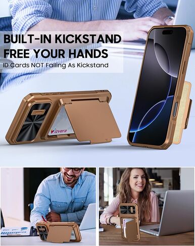 حافظة Vizvera لهاتف iPhone 16 Pro Max RFID، حامل بطاقات (4 بطاقات) وغطاء كاميرا ومسند، حافظة هاتف من السيليكون المقاوم للصدمات لكامل الجسم لهاتف 16 Pro Max 6.9 بوصة 2024- أسود in Kuwait