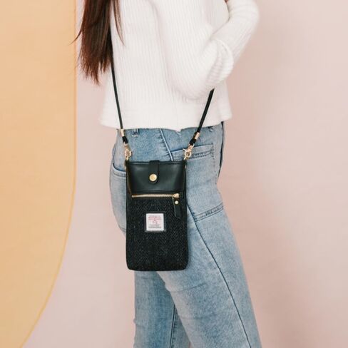 Harris Tweed Handmade Crossbody Cell Phone Bag for Women Small Shoulder Purse with Microfiber Leather Wool Fabric in Kuwait