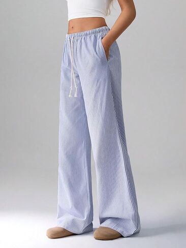 ZAFUL Casual Pants for Women, Pajama Pants Stripe Home Pants Palazzo Drawstring Waist Straight Leg in Saudi Arabia