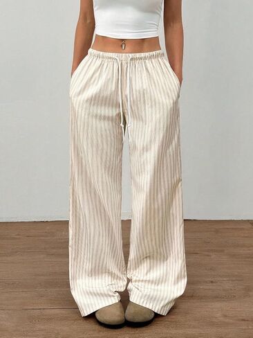 ZAFUL Casual Pants for Women, Pajama Pants Stripe Home Pants Palazzo Drawstring Waist Straight Leg in Saudi Arabia