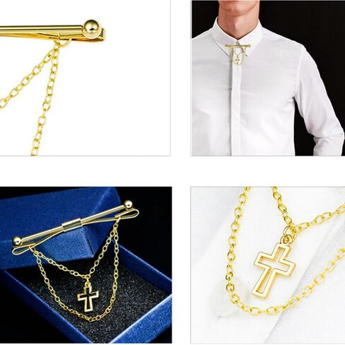 Mens Cross Tie Clips Shirt Collar Clip Chain Necktie Bar Pinch Clip with Gold Silver Tone Business Tie Pins Jewelry in Saudi Arabia