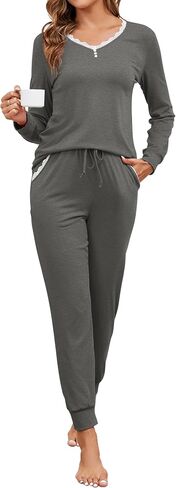 ناعمة للسيدات الناعمة Pajama مجموعة صالة الدانتيل مجموعات V-Neck 2 قطعة طويلة الأكمام مع مجموعة صالة سروال الصالح مع جيوب in Kuwait