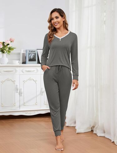 ناعمة للسيدات الناعمة Pajama مجموعة صالة الدانتيل مجموعات V-Neck 2 قطعة طويلة الأكمام مع مجموعة صالة سروال الصالح مع جيوب in Kuwait