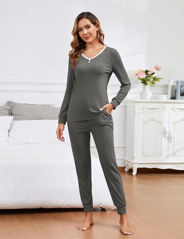 ناعمة للسيدات الناعمة Pajama مجموعة صالة الدانتيل مجموعات V-Neck 2 قطعة طويلة الأكمام مع مجموعة صالة سروال الصالح مع جيوب in Kuwait