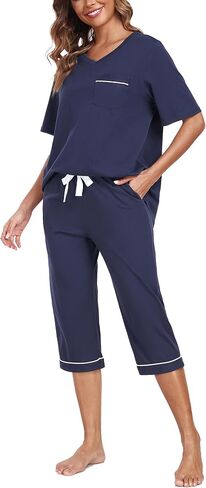 Anliqi النسائية Pajama يضع Cotton PJS Sleepwear للنساء أعلى الأكمام مع أعلى السراويل capri لينة ومكونة 2 قطعة مجموعة in Kuwait