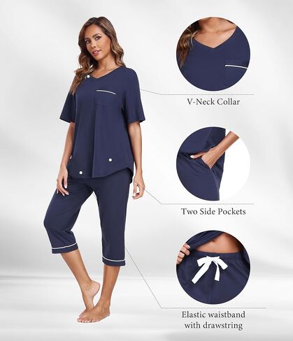 Anliqi النسائية Pajama يضع Cotton PJS Sleepwear للنساء أعلى الأكمام مع أعلى السراويل capri لينة ومكونة 2 قطعة مجموعة in Kuwait