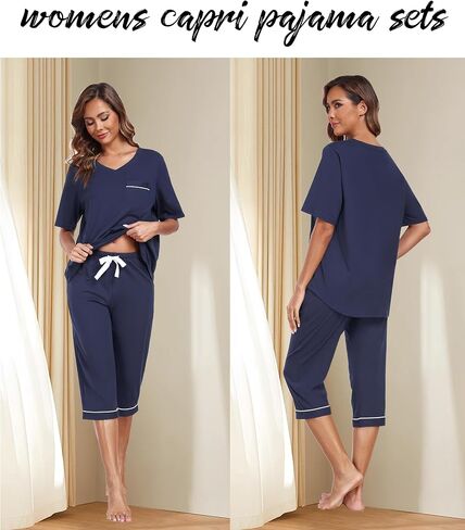 Anliqi النسائية Pajama يضع Cotton PJS Sleepwear للنساء أعلى الأكمام مع أعلى السراويل capri لينة ومكونة 2 قطعة مجموعة in Kuwait