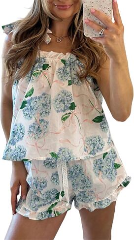 Thopavenoir نساء الزهور ربطة عنق الكتف السراويل القميص مجموعة 2 قطعة بيجاما غير رسمية مجموعة أكمام in Kuwait