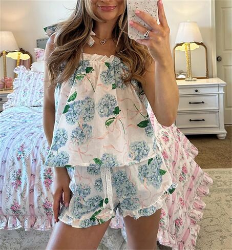 Thopavenoir نساء الزهور ربطة عنق الكتف السراويل القميص مجموعة 2 قطعة بيجاما غير رسمية مجموعة أكمام in Kuwait