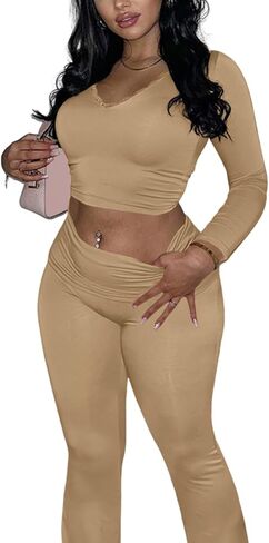 Women 2 Piece Lounge Set Contrast Lace V Neck Long Sleeve Crop Top Fold Over Flare Yoga Pants Tracksuit Casual Outfits in Saudi Arabia