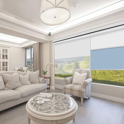 TIPIACE Tipiace Day and Night Dual Layers Motorized Roller Blinds Shades Rechargeable Motor Suitable for Home, Office, Hotel Windows (White+Beige Yellow 8018) in Kuwait