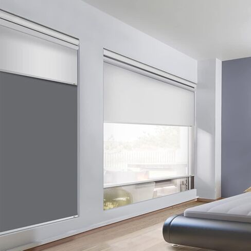 TIPIACE Tipiace Day and Night Dual Layers Motorized Roller Blinds Shades Rechargeable Motor Suitable for Home, Office, Hotel Windows (White+Beige Yellow 8018) in Kuwait