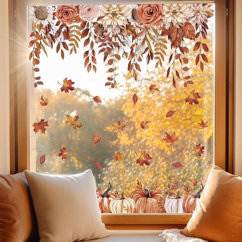 Whaline 6 Sheets Fall Boho Floral Window Clings Retro Brown Hanging Flower Vine Pumpkin Leaft in Saudi Arabia