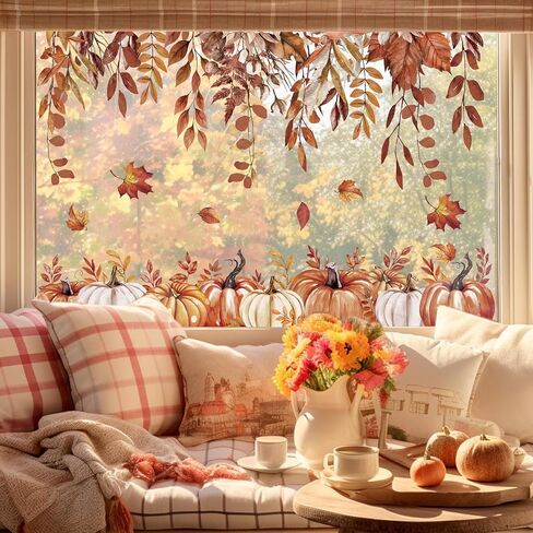 Whaline 6 Sheets Fall Boho Floral Window Clings Retro Brown Hanging Flower Vine Pumpkin Leaft in Saudi Arabia