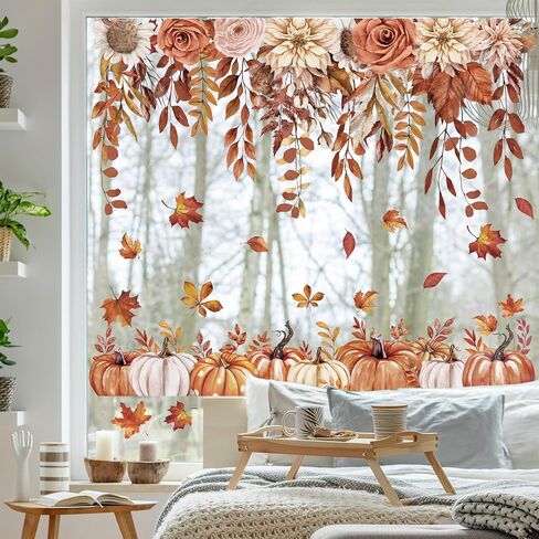 Whaline 6 Sheets Fall Boho Floral Window Clings Retro Brown Hanging Flower Vine Pumpkin Leaft in Saudi Arabia
