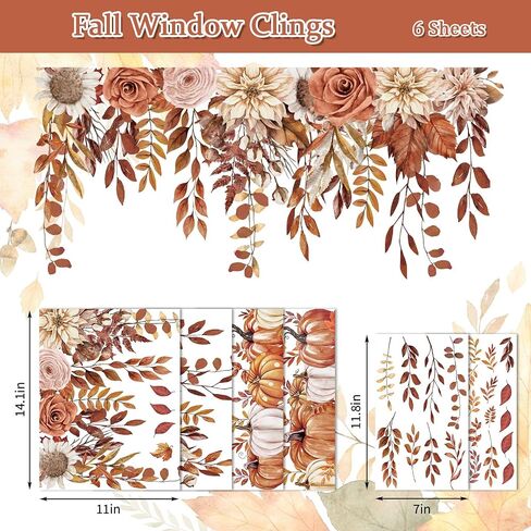 Whaline 6 Sheets Fall Boho Floral Window Clings Retro Brown Hanging Flower Vine Pumpkin Leaft in Saudi Arabia